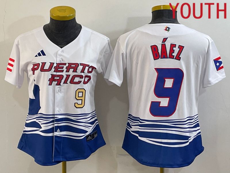 Youth 2023 World Cub Puerto Rico 9 Baez White MLB Jersey1